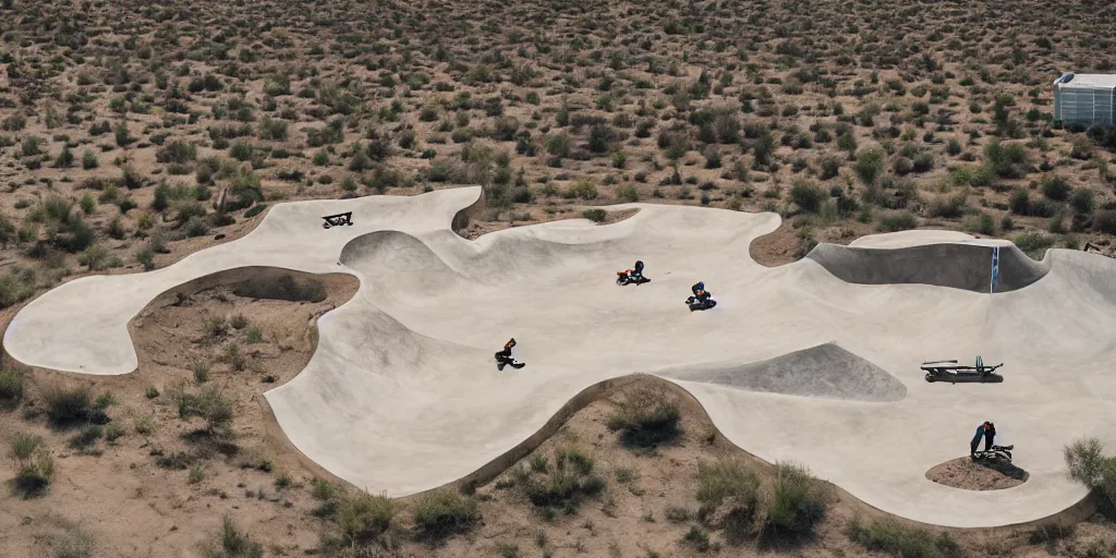 Prompt: drone view of a skatepark, in a desert oasis