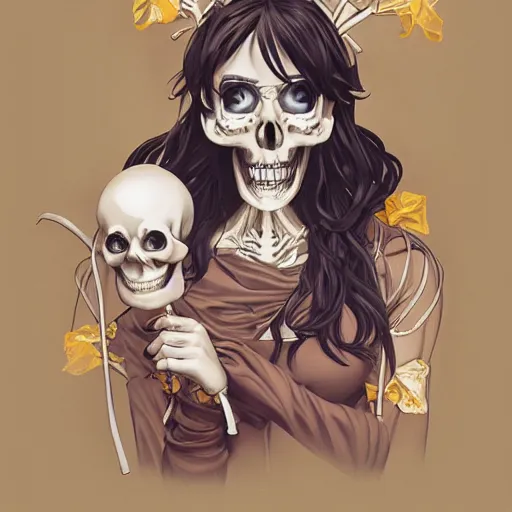 Image similar to anime manga skull portrait young woman holding balloon, skeleton, intricate, elegant, highly detailed, painting by jc leyendecker and sachin teng