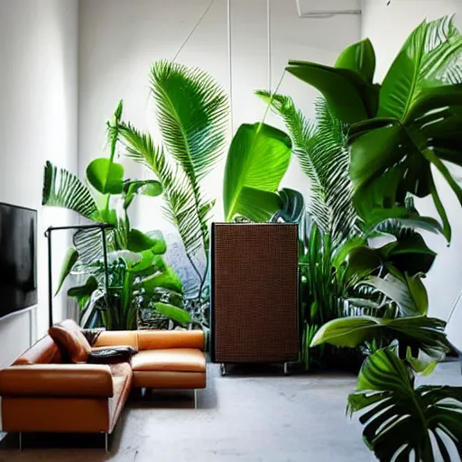 Prompt: a large loft with tropical plants and speakers, minimal style