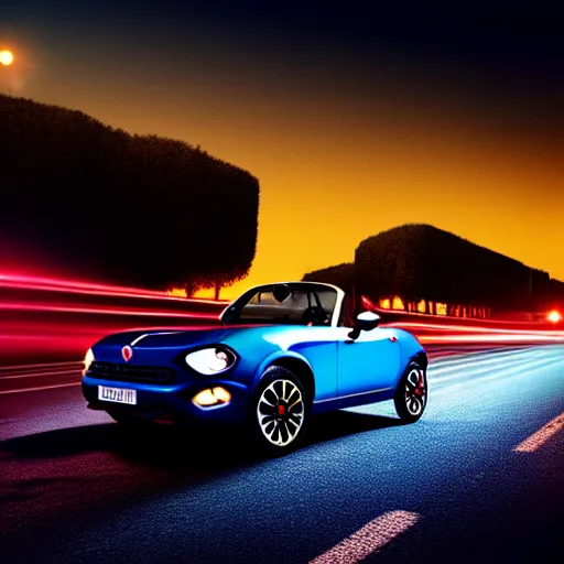Image similar to a fiat 124 « Jigouli » in the middle of a road on the night Rome, blue color grading, cinematic color grading , unreal 5, hyperrealistic, realistic, photorealistic, dynamic lighting, highly detailed, cinematic landscape, studio landscape, studio lighting