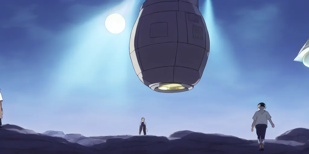 Image similar to an asymmetrical cell - shaded studio ghibli concept art study of a giant silver hovering ufo shining a spotlight on a middle eastern merchant. very dull colors,, hd, 4 k, hq