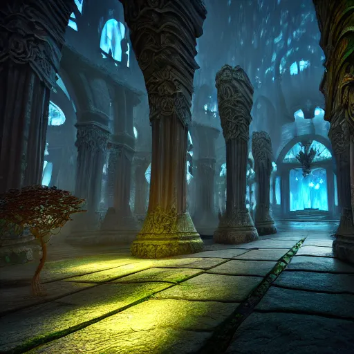 Prompt: inside a ethereal magical elven city, 8k, HDR, award-winning, trending on, artstation, smooth, sharp focus, super resolution, cinematic, volumetric lighting, unreal engine 5