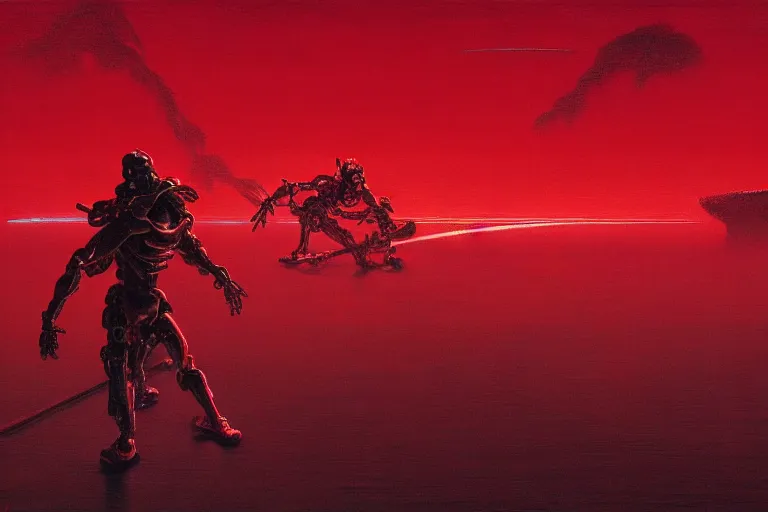 Image similar to only with red, a red cyborg samurai, tokio futuristic in background, some evil yokai fight, in the style of beksinski, parts by edward hopper, parts by rodcenko, parts by yue minjun, intricate and epic composition, red by caravaggio, insanely quality, highly detailed, masterpiece, red light, artstation, 4 k