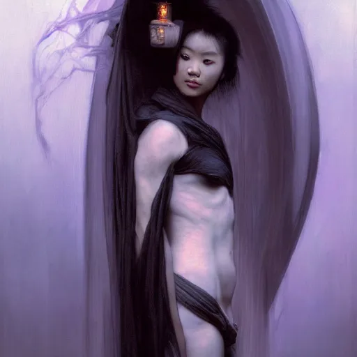 Prompt: awe-inspiring award-winning concept art painting of attractive Ashley Liao in black shrouds as the goddess of the moonbow, rainbow, by Michael Whelan, William Adolphe Bouguereau, John Williams Waterhouse, and Donato Giancola, cyberpunk, extremely moody lighting, glowing light and shadow, atmospheric, shadowy, cinematic, 8K,