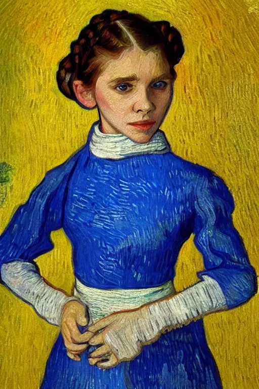 Prompt: bright beautiful oil painting portrait of young princess leia in 1 9 th century breton clothing, light scatter, van gogh