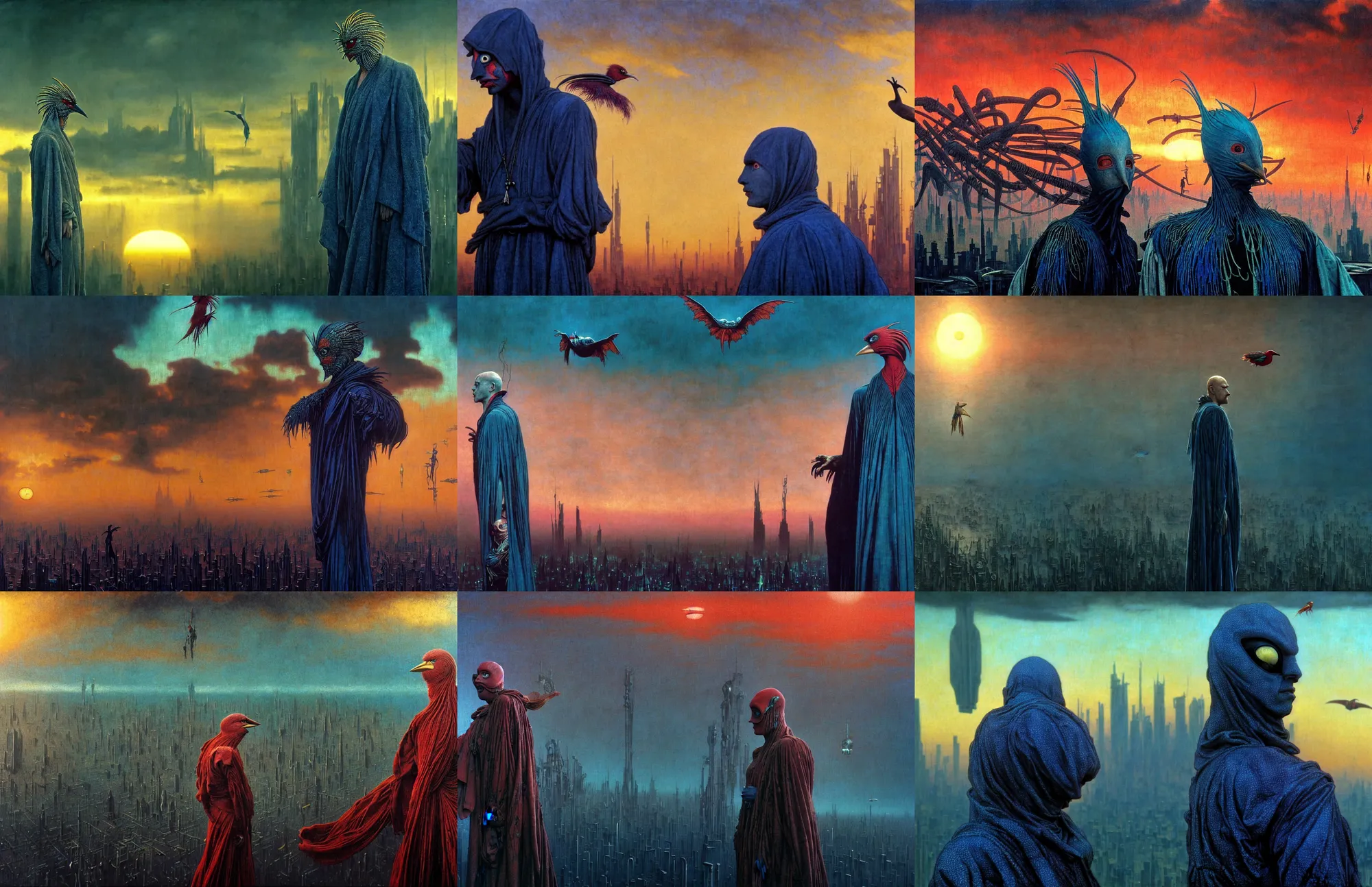 Image similar to realistic detailed portrait movie shot of a birdman wearing dark ragged robes, futuristic city sunset landscape background by denis villeneuve, amano, yves tanguy, alphonse mucha, ernst haeckel, max ernst, roger dean, ridley scott, dynamic closeup composition, rich moody colours, blue eyes