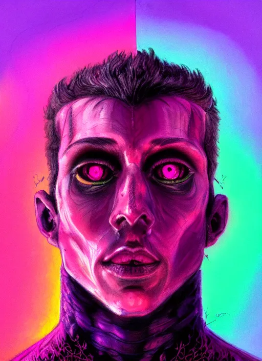 Image similar to close up portrait of a gay monster in the mountains of hell, pink light, purple gay colors, oil painting by tomasz jedruszek, cinematic lighting, pen and ink, intricate line, hd, 4 k, million of likes, trending on artstation