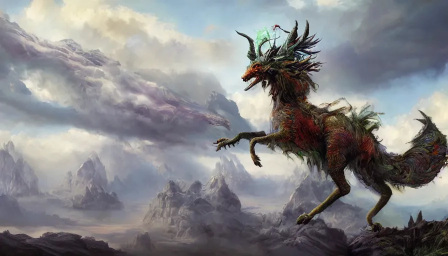 Prompt: excellent painted mythical creature in a surreal landscape in another dimension with fluffy clouds, painted by Hans Fredrik Gude, Greg Rutkowksi, Craig Mullins and Artgerm, concept art 2022, 4k, ultra realistic highly detailed oil painting