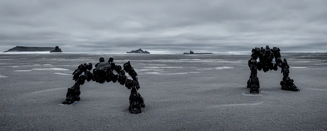 Image similar to low angle cinematic shot of lone futuristic mech in the middle of an endless black sand beach in iceland, icebergs, 2 8 mm