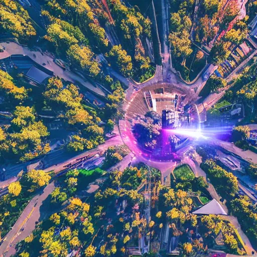 Image similar to A beautiful post-apocalyptic city with an enormous cherry tree blossoming in the middle, aerial view, biopunk, realistic, digital art, lens flare, sharp focus,