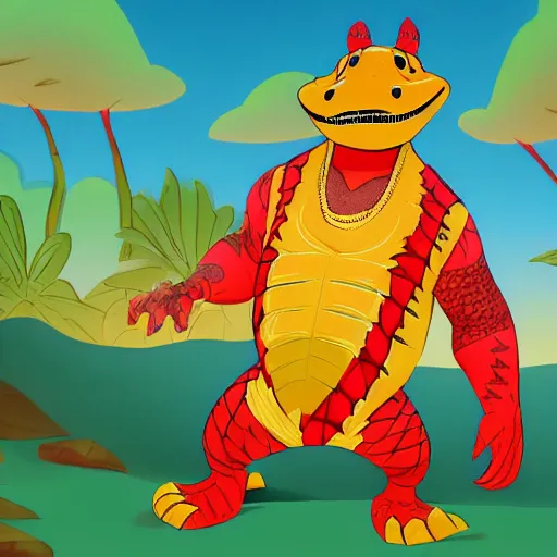 Prompt: in the style of loish, anthropomorphic alligator, red scales on his back, yellow scale on his belly and chest, male, waring a hawaiian shirt, in the style of zootopia