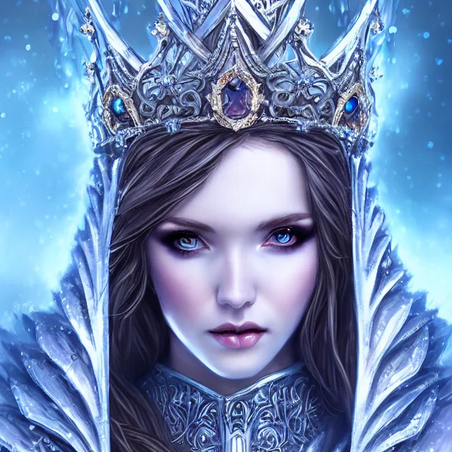 Image similar to beautiful cryromancer ice queen with ornate cloak and crown, highly detailed, 4 k, hdr, smooth, sharp focus, high resolution, award - winning photo, artgerm, photorealistic