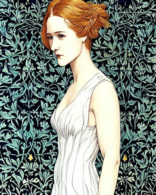 Prompt: in the style of artgerm, william morris, evan rachel wood, flowing white dress