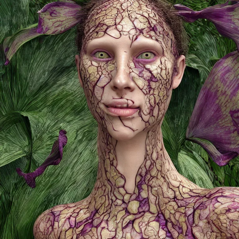 Prompt: a grinning shape shifting girl with reptile skin, plant patterns, her face looks like an orchid, she is the center of the garden, jan van eyck, ernst fuchs, egon schiele, trending on artstation, 8 k, award winning, facial symmetry, iris van herpen, unreal engine 4, high octane, ray tracing, psychedelic