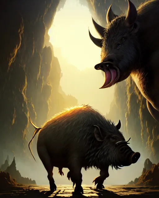 Prompt: Giant Boar looking at mouse, medium shot, fear, D&D, artstation, fantasy, magic the gathering artwork, cinematic lighting, centered, symmetrical, highly detailed, digital painting, , concept art, smooth, sharp focus, illustration, volumetric lighting, epic Composition, 8k, art by Akihiko Yoshida and Greg Rutkowski and Craig Mullins, oil painting, cgsociety