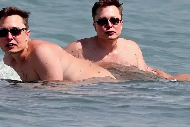 Prompt: Elon musk without shirt swimming in the beach