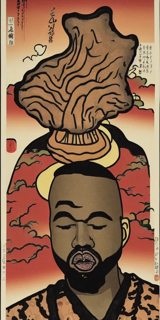 Image similar to a full body portrait of kanye west taking a bite of a giant psychedelic mushroom, ukio-e style,