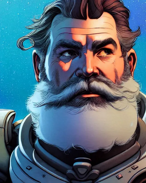 Image similar to reinhardt from overwatch, josh brolin, gray hair and beard, character portrait, portrait, close up, concept art, intricate details, highly detailed, vintage sci - fi poster, vintage sci - fi art, retro future, in the style of chris foss, rodger dean, moebius, michael whelan, and gustave dore