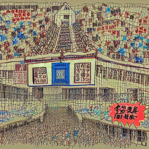 Image similar to a chinese prison, in the style of daniel johnston and outsider art, 8 k, line brush, overlaid with chinese adverts