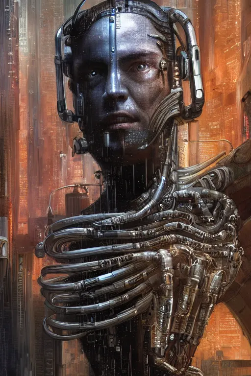 Image similar to an extremely high quality hd, a digital painting of a man's face surrounded by mechanical parts, cyberpunk art by h. r. ( hans ruedi ) giger, featured on cgsociety, afrofuturism, circuitry, tesseract, dystopian art, 8 k, ultra realistic, very realistic