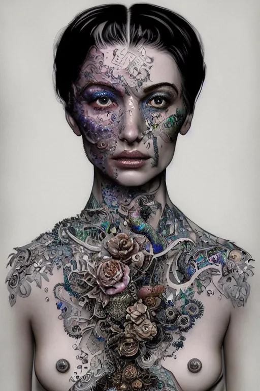Prompt: A fractal Mesmerizing 8k hyperrealistic Photo Portrait of a pale skinned human with a tattoo by Joe Fenton that is transforming into iridescent geometry, cyberpunk, Surrounded by Mist, highly detailed, intricate, sci-fi, sharp focus, subsurface scattering, art by Caravaggio, Greg rutkowski, Sachin Teng, Thomas Kindkade, Alphonse Mucha, Norman Rockwell, Tom Bagshaw.