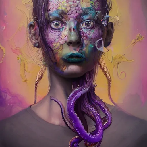 Image similar to art portrait of a furious girl with purple tentacles on her head, 8 k, by tristan eaton, stanley artgermm, tom bagshaw, greg rutkowski, carne griffiths, trending on deviantart, face enhance, hyper detailed, full of colour,