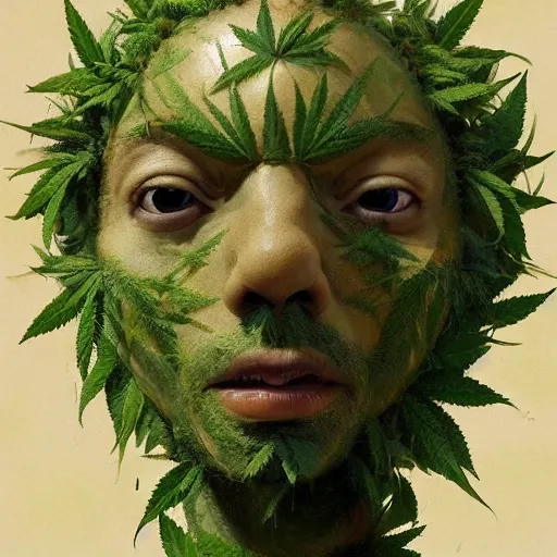 Image similar to a man made of hemp, with a head in the form of a cannabis bloom, like baby grut, green skin, character, art by james jean and greg rutkowski!!, realistic face, digital art, chibi style, golden ratio, perfect composition, trending on artstation, 8 k