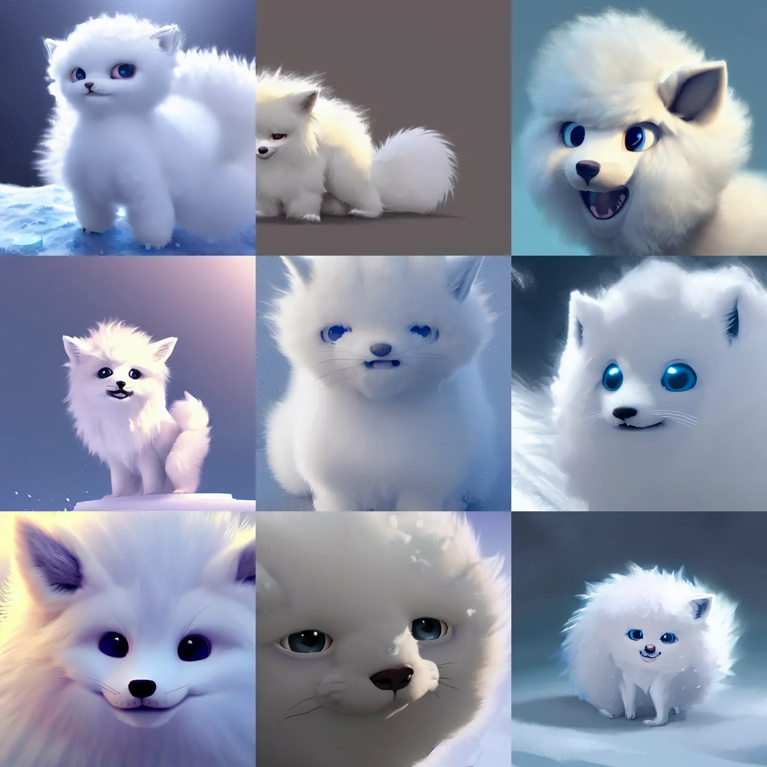 Prompt: white furred vulpix frowning frozen in an ice floe, intricate, poofy fluffy round boy like a cloud cotton ball fluff static afro, closeup, \ 4 \ k, artstation, digital illustration by ruan jia