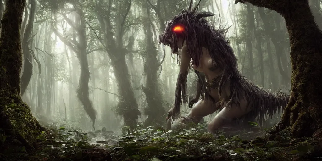 Prompt: giant troll fighting with a succubus in an ancient bioluminescent forest, ana de armas, flawless symmetrical pretty cute face, greg rutkowski, 8 k, shallow depth of field, intricate detail, concept art,
