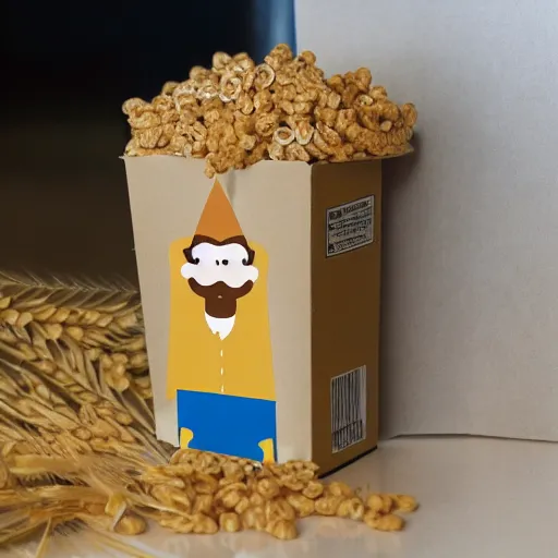 Image similar to cereal box with a wheat mascot wearing a crown