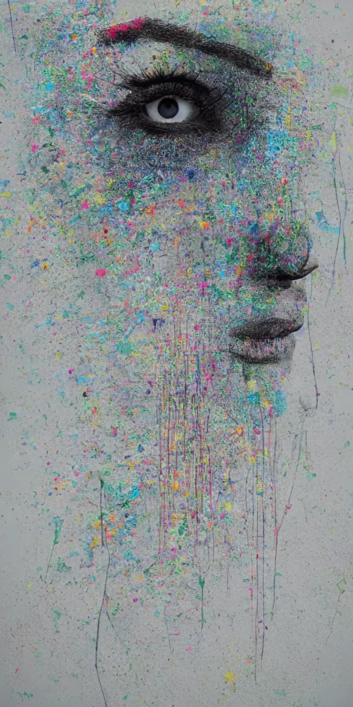 Image similar to full chromatic color, a face coming through a digital screen, Gertrude Abercrombie, minimalistic graffiti masterpiece, minimalism, 3d abstract render overlayed, black background, psychedelic therapy, trending on ArtStation, ink splatters, pen lines, incredible detail, creative, positive energy, happy, unique, negative space, face, artgerm