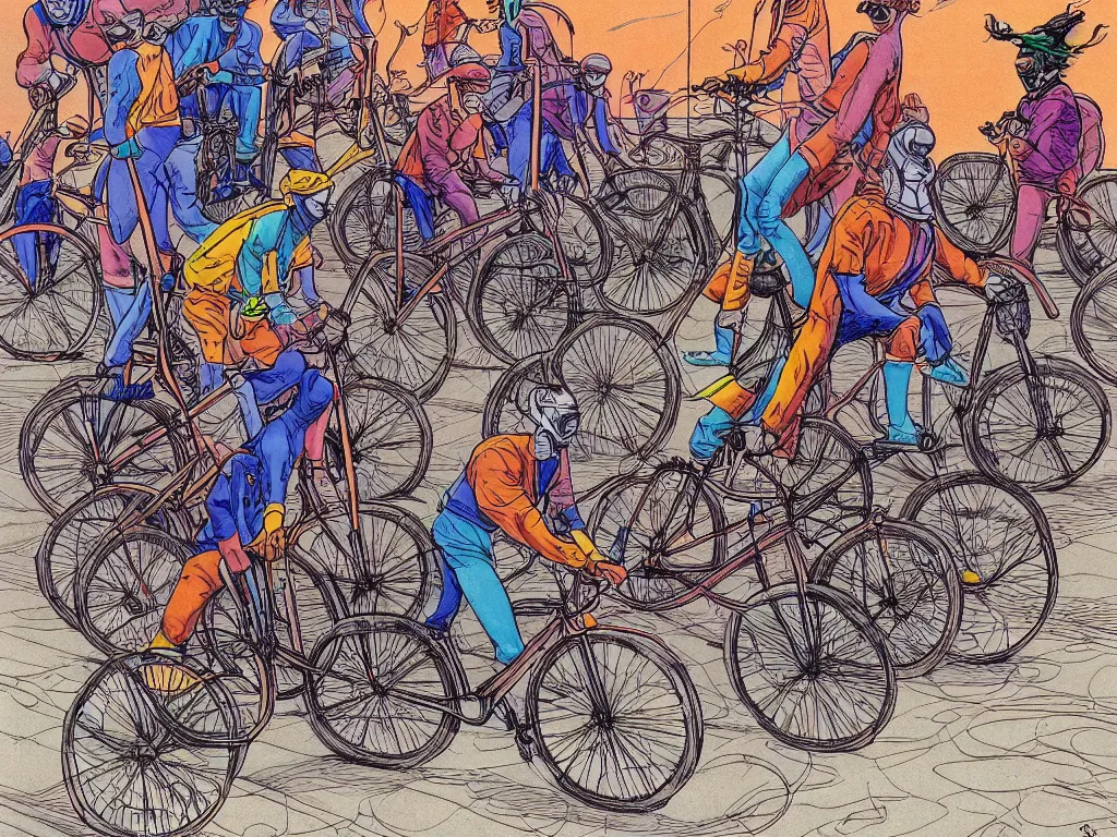 Prompt: masked riders on strange bicycles playing bike polo, in style of moebius, by jean giraud, highly detailed, colorful, epic,