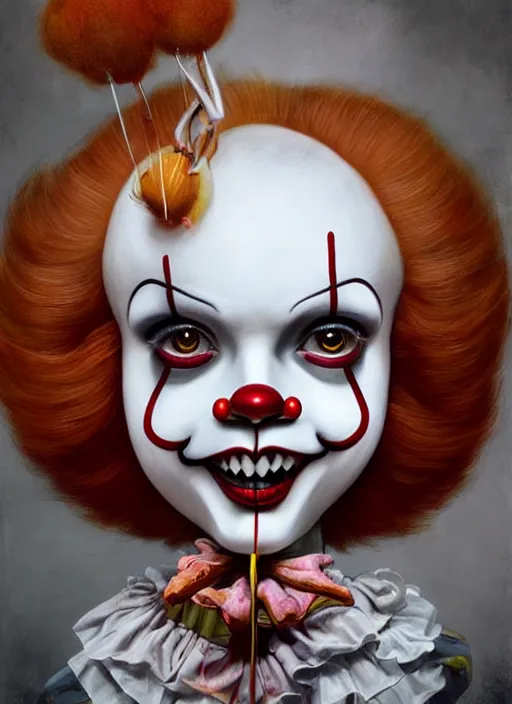 Image similar to pop surrealism, lowbrow art, realistic pennywise painting, japanese street fashion, hyper realism, muted colours, rococo, natalie shau, loreta lux, tom bagshaw, mark ryden, trevor brown style,