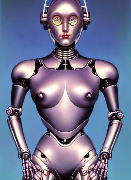Image similar to beautiful female metropolis robot, portrait by hagime sorayama and gerald brom, colorul, extreme detail, chrome, reflections, trending on artstation, 8 k