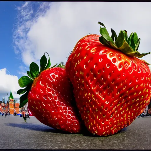 Image similar to super wide shot of giant strawberry on red square, 4 k