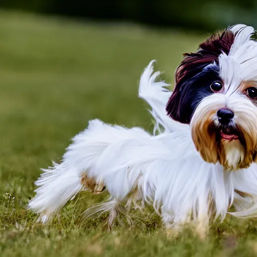 Prompt: a single parti colored white and brown havanese dog playing on a grassy field, detailed, 4 k