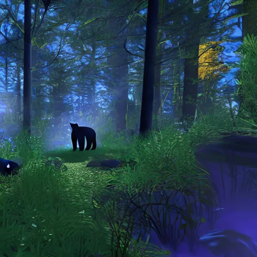 Prompt: a black fox in a majestic fantasy forest at night, fireflies floating about, bioluminescent plants, second life in game screenshot 2022