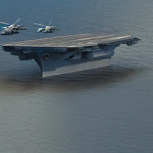 Image similar to promotional movie still, birds - eye view, a usa aircraft carrier in the ocean. in the distance a tie fighter ( star wars ) comes in for a landing. 3 d, digital art, octane 3 d render, ue 5, realism, cinematic, imax 7 0 mm.