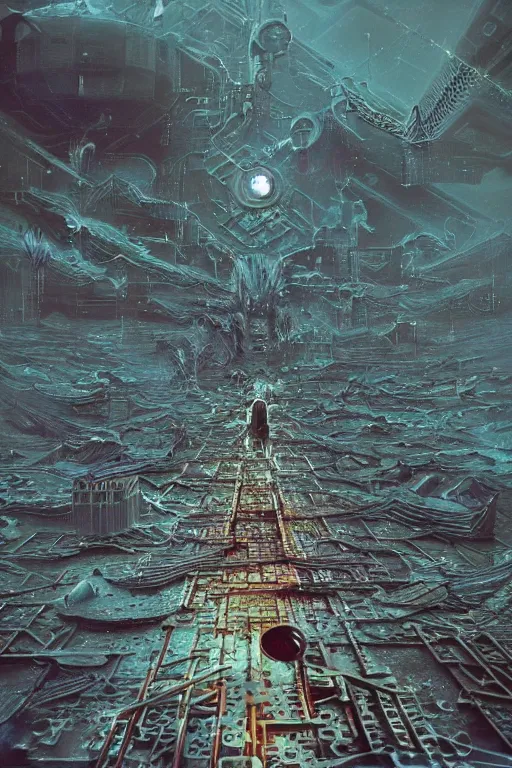 Prompt: interstellar spacetime dystopía made of bits of data | moods by Beeple toothwu gurney Beksiński | hard surface rendering; 3D realistic materials;cybersteampunk | geometry of various pieces of interconnected rusted metallic radial gears, chains, gizmos, cogs, sprogs | touch of skyblue science fiction fantasy