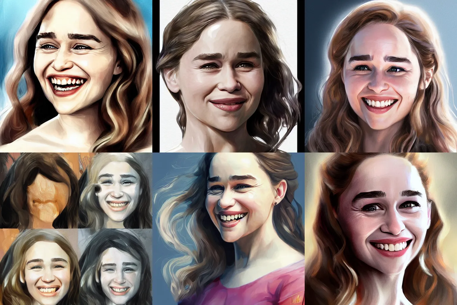 Prompt: emilia clarke smiling, digital painting by magali villeneuve, artstation