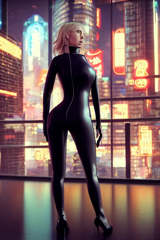 Image similar to blonde haired female lady wearing a catsuit looking at a bank in a cyberpunk city full of high rise buildings and neon signs 4k, very detailed faces, studio lightning, hard focus, beautiful volumetric lighting, epic light, ultra detailed by Leesha Hannigan, Ross Tran, Thierry Doizon, Kai Carpenter, Ignacio Fernández Ríos