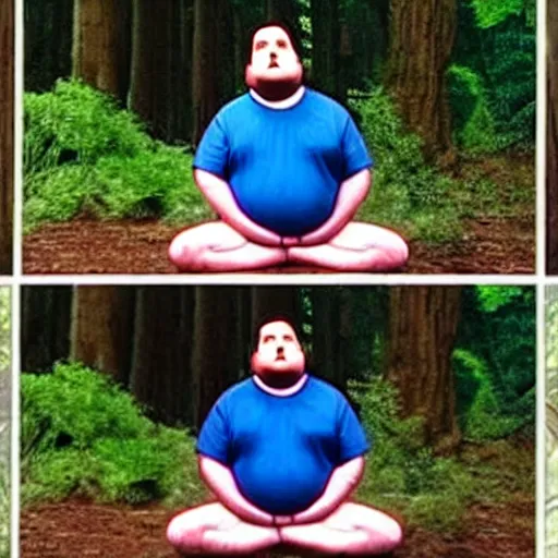 Prompt: chubby Michael Scott meditate in the Forest