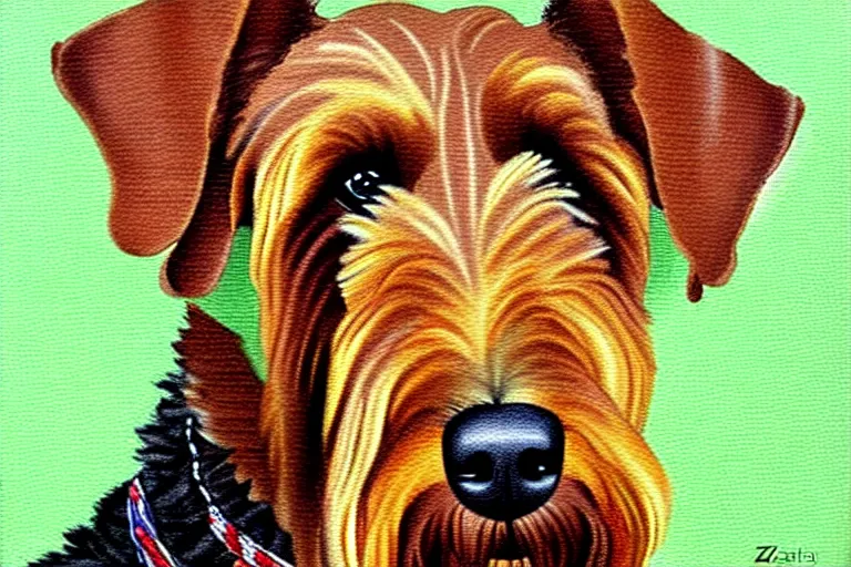 Image similar to portrait of airedale terrier. painting by zatzka hans