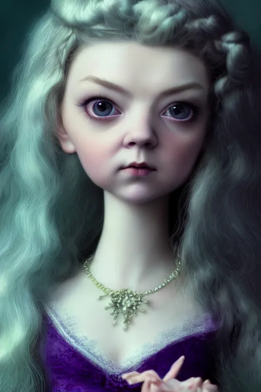 Image similar to natalie dormer as a cute porcelain doll with long purple hair, mark ryden style, vivid colors, high details, cinematic, 8 k resolution, beautiful detailed, photorealistic, digital painting, dark atmosphere, artstation, concept art, smooth, sharp focus, illustration, fantasy background, artstation trending, octane render, unreal engine