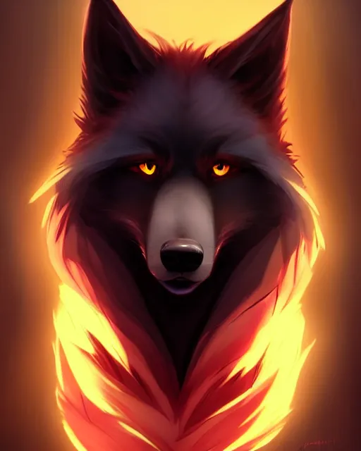 Image similar to character concept art of a black anthropomorphic furry male wolf long red hair | | cute - fine - face, pretty face, key visual, realistic shaded perfect face, fine details by stanley artgerm lau, wlop, rossdraws, james jean, andrei riabovitchev, marc simonetti, and sakimichan, trending on artstation