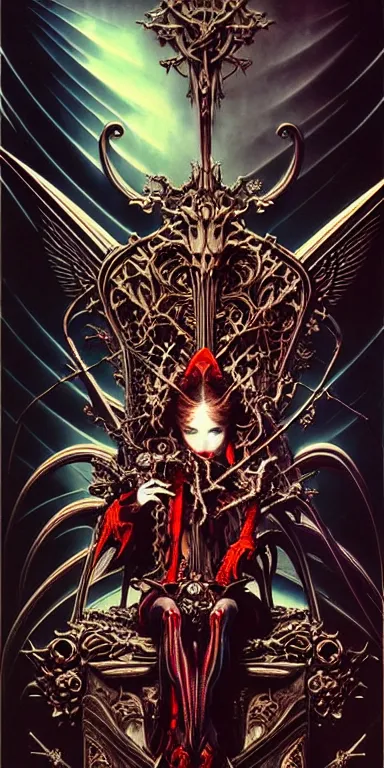 Prompt: anaglyph effect Ayami Kojima, Amano, Karol Bak, Greg Hildebrandt, and Mark Brooks, neogothic art, detailed, trending on Artstatio, darksynth skeleton sitting on a throne, poster art by Anne Stokes, behance contest winner, gothic art, tarot card, macabre, darksynth by tomasz alen kopera and Justin Gerard, symmetrical features, ominous, magical realism, texture, intricate, ornate, royally decorated, skull, skeleton, whirling smoke, embers, rred fractal radiant colors, fantasy, trending on artstation, volumetric lighting, micro details, 3d sculpture, ray tracing, 8k,