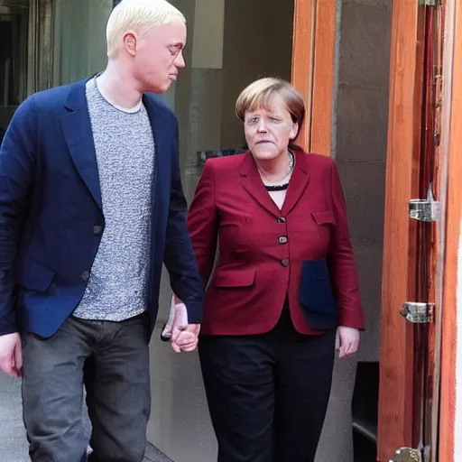 Image similar to Angela Merkel holding hands with Eminem, paparazzi