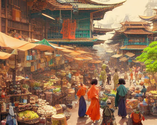 Image similar to street-level view of a bustling marketplace in a great, colorful kitsune city, bamboo, flowers, anime, fox people, a fantasy digital painting by Greg Rutkowski and James Gurney, trending on Artstation, highly detailed
