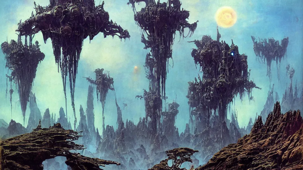 Image similar to surreal eerie alien planet empire with strange biomechanical plants by frank frazetta and bruce pennington, cinematic matte painting