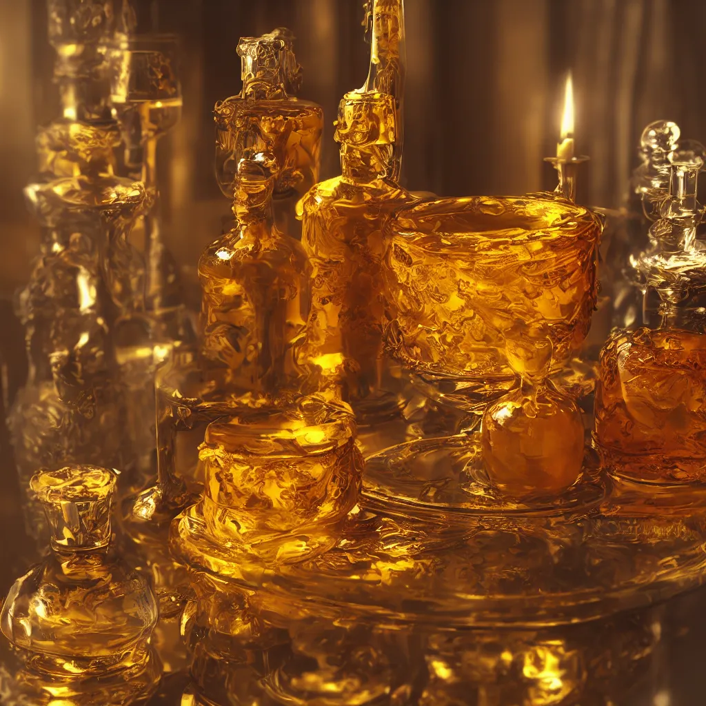 Prompt: photograph of an amber bottle of liqueur sits an ornate table between two ornate candles, 2700K very dim soft light, rim light, backlight, photographic , photorealism, professional photograph, deep focus, laser sharp, Octane render, Unreal 5, trending on artstation, CG Society